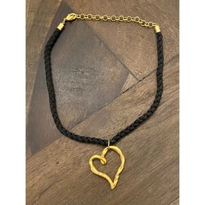 Women's Black Rope Like Chain with Gold tone Heart‎ Pendant Choker Jewelry